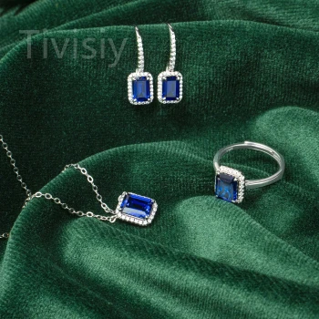 Synthetic Sapphire Emerald Cut Jewelry Set
